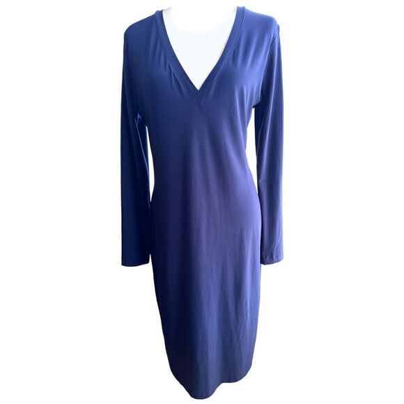 Norma Kamali Sheath Dress Large L Navy Blue Long Sleeve Stretch Washable - Picture 2 of 7